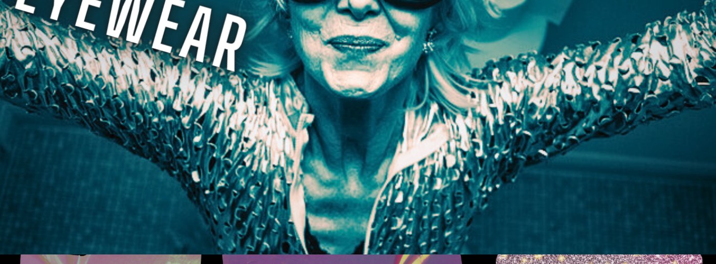 Woman in vintage shield-shaped ski goggles and a sequined jacket