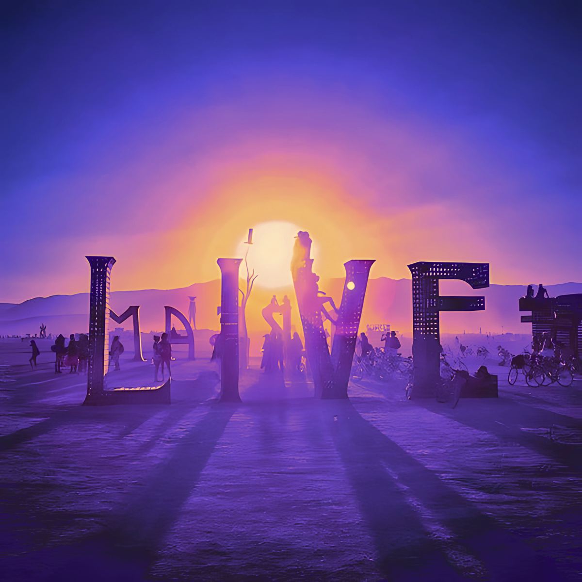 LOVE sculpture on the playa at sunset